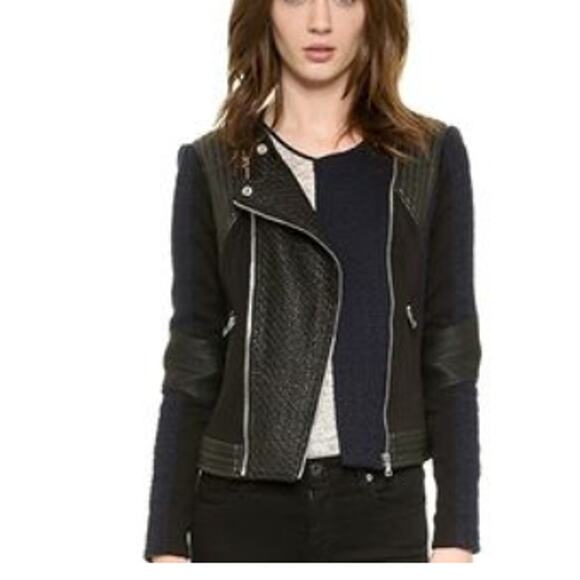 Rebecca Taylor Combo Tweed Moto Jacket Blue Black Size 2 - Picture 3 of 5